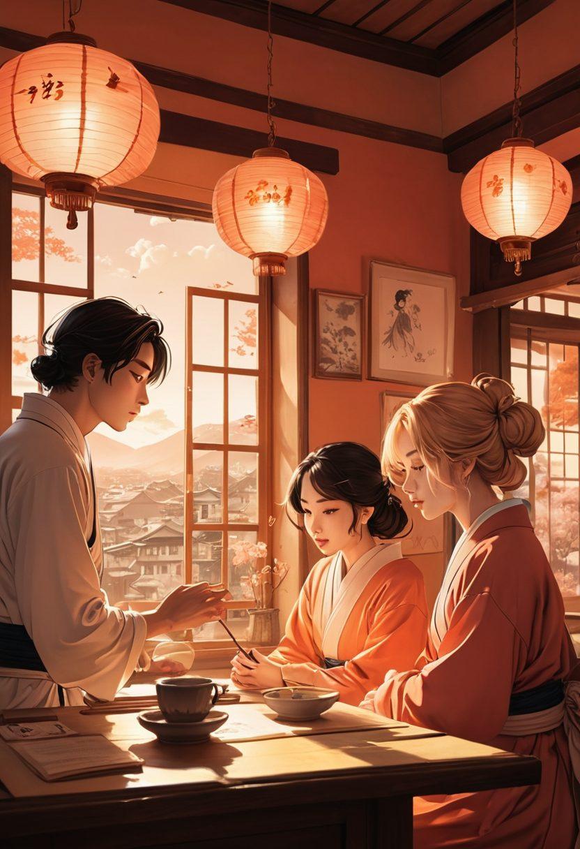 A captivating illustration of a whimsical manga-style scene featuring diverse characters engaged in intimate storytelling, surrounded by floating visual motifs of classic manga panels and emotional expressions. Soft lighting accentuates their expressions, with elements of sensuality depicted through delicate, flowing lines. Include vibrant, warm colors that evoke passion and intrigue, blending fantasy and real emotions seamlessly. Emphasize the evolution aspect with subtle references to historical manga styles in the background. vibrant colors. manga style. soft lighting.