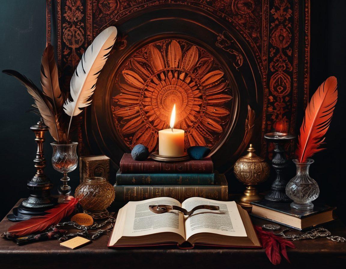 A visually striking collage that juxtaposes vibrant and provocative elements like handcuffs, books, and feathers with classic literary symbols such as quills and ink pots. The background should blend dark sensual tones with soft vintage textures, symbolizing the contrast between kink and classic genres. Tinder flames and stacks of timeless novels should interlace, inviting curiosity. Instead of a conventional format, use a whimsical, dream-like artistry with fluid lines and colors. surreal art. vibrant colors. dark background.
