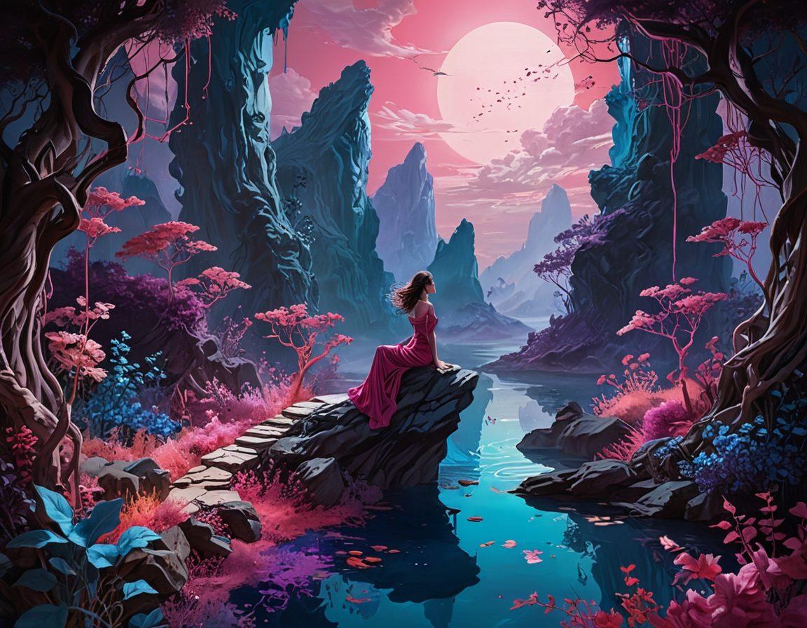 A captivating illustration of a surreal landscape split between vibrant fantasies and dark mysteries, featuring ethereal characters depicted in sensual poses, surrounded by abstract shapes representing imagination and taboo. Incorporate elements of artistry from various cultures, with a focus on fluid lines and dreamlike colors that evoke a sense of curiosity. The contrast between the whimsical and the provocative should draw the viewer in. semi-realistic. vibrant colors. fantasy art.